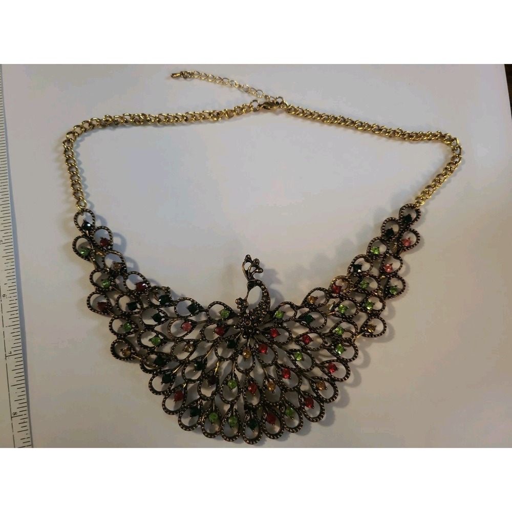 Brass And Crystal Peacock Necklace